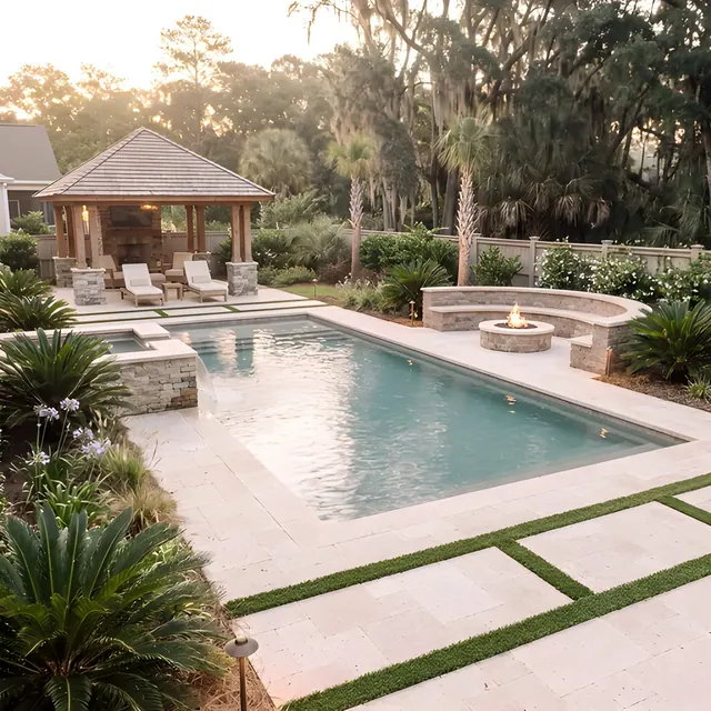 Finished travertine pool deck with turf joints, a fire pit seating wall and a pavilion