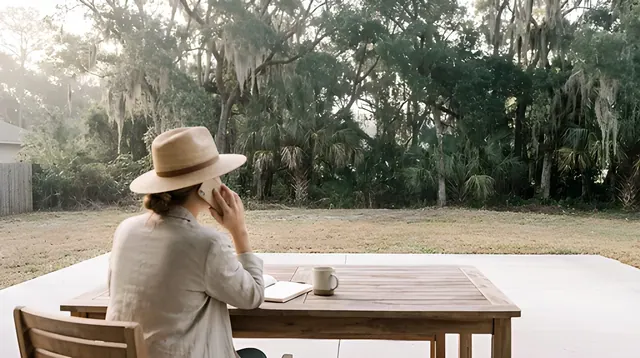 Homeowner on the phone with Palm Shore about a backyard project, sitting at a patio table