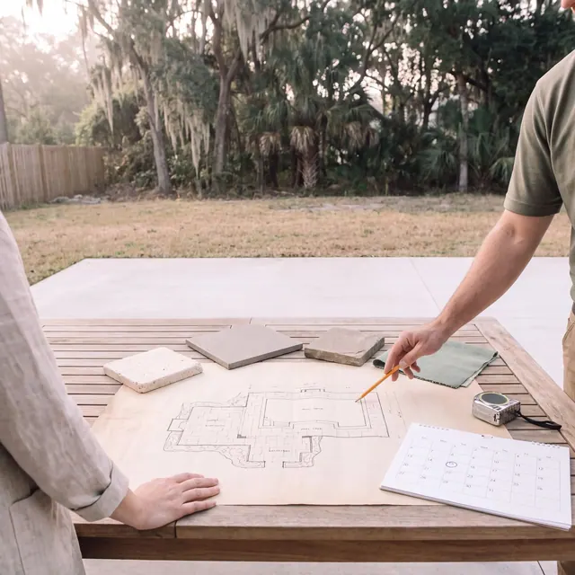 Scaled pool deck layout drawing on a patio table with travertine and paver samples and a project calendar