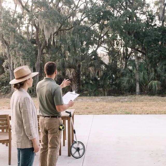 Palm Shore designer walking a backyard with a homeowner, holding a site plan and measuring wheel