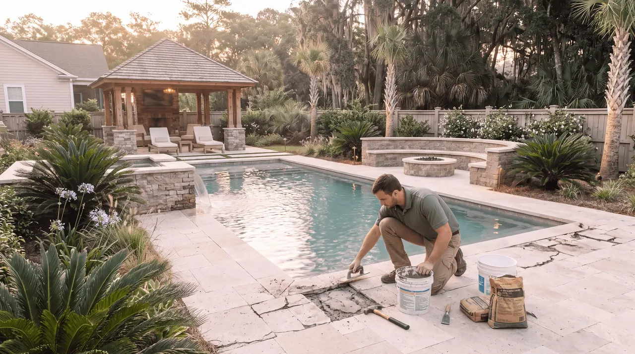 Palm Shore crew member repairing a cracked section of travertine pool deck
